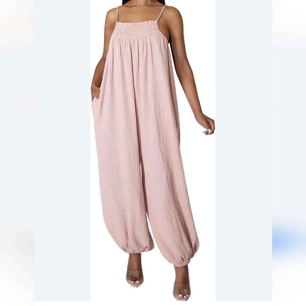 ROSE PINK ROMPER JUMPSUIT Harem SMALL SQUARE NECK  SPAGHETTI STRAP Pastel Boho - Picture 2 of 12
